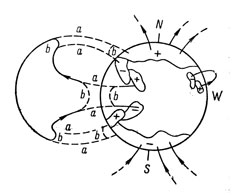 Рис. 18. Обращение знака полоидального магнитного поля по гипотезе Х. В. Бэбкока. Силовые линии старых магнитных полей расширяются. В результате их взаимодействия с полоидальным полем участки линий b и поле частично нейтрализуется. В конечном итоге происходит обращение знака поля. 
